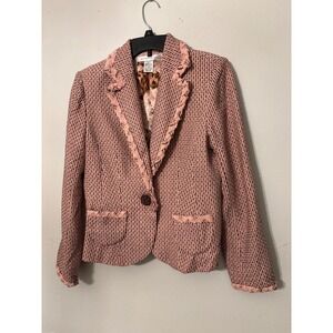 Pursuits Ltd Tweed Blazer Womens 6 Pink Excellent Leopard Print Lining Fringe